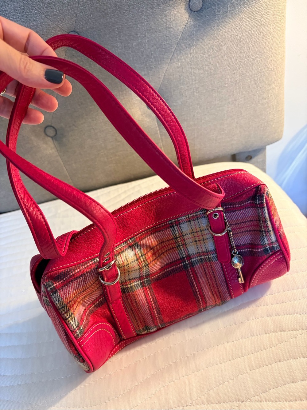 Fossil Red Plaid Shoulder Bag with Red Leather Trim